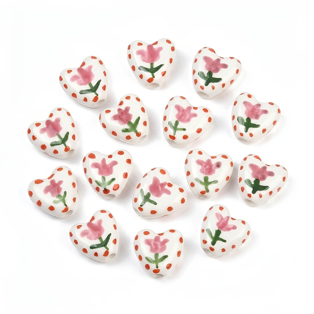 6pcs Hand-Painted Heart-Shaped Ceramic Beads for DIY Jewelry